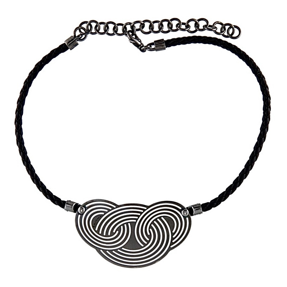 Enigma By Gianni Bulgari Braided Black Leather & Rhodium Silver Pendant Necklace